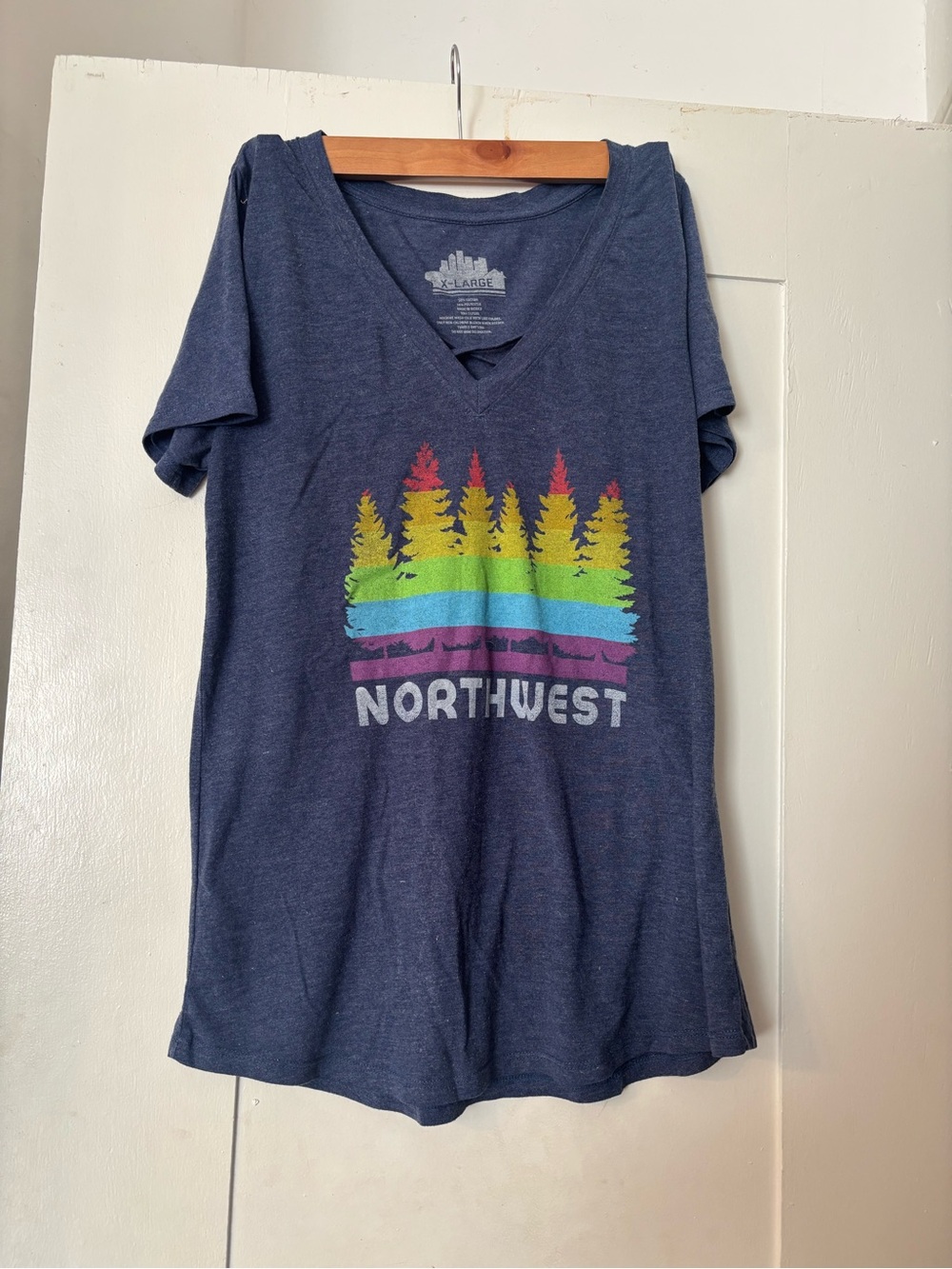 Blue Northwest Graphic V-Neck Tee - with Rainbow Pride Tree Print